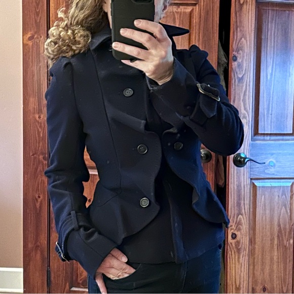 BCBG MaxAzria coat XS Pea Coat Military Ruffle Regal Royal Wool Spy Blue Trench - Picture 3 of 16